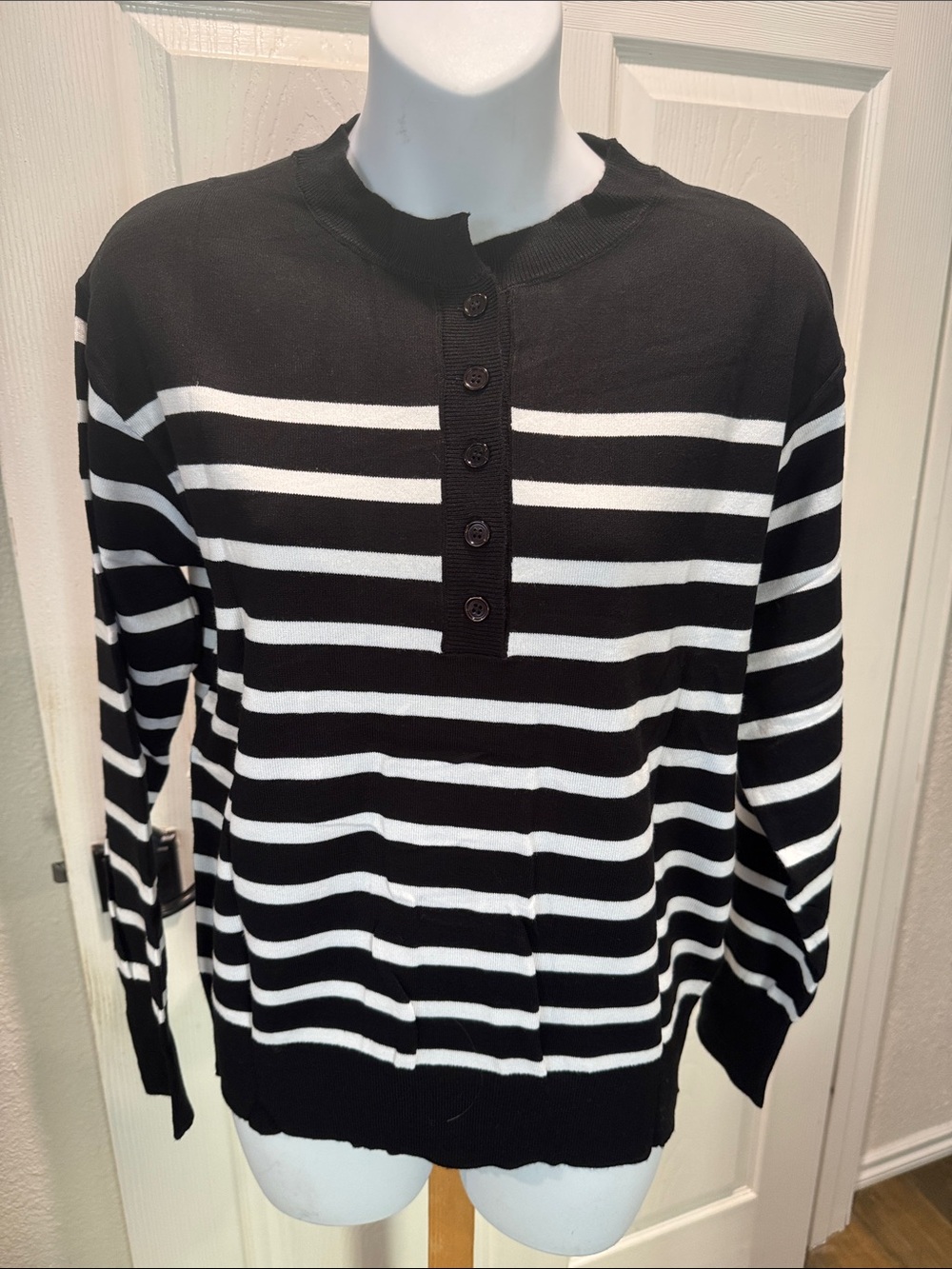 Black & White Striped Long Sleeve Henley Tee